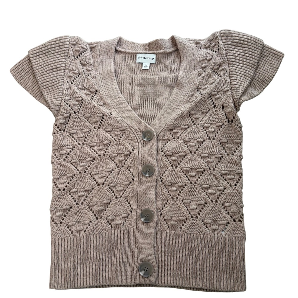 The Drop Womens XS Pointelle Knit Button Front Short Flutter Sleeve Cardigan Tan